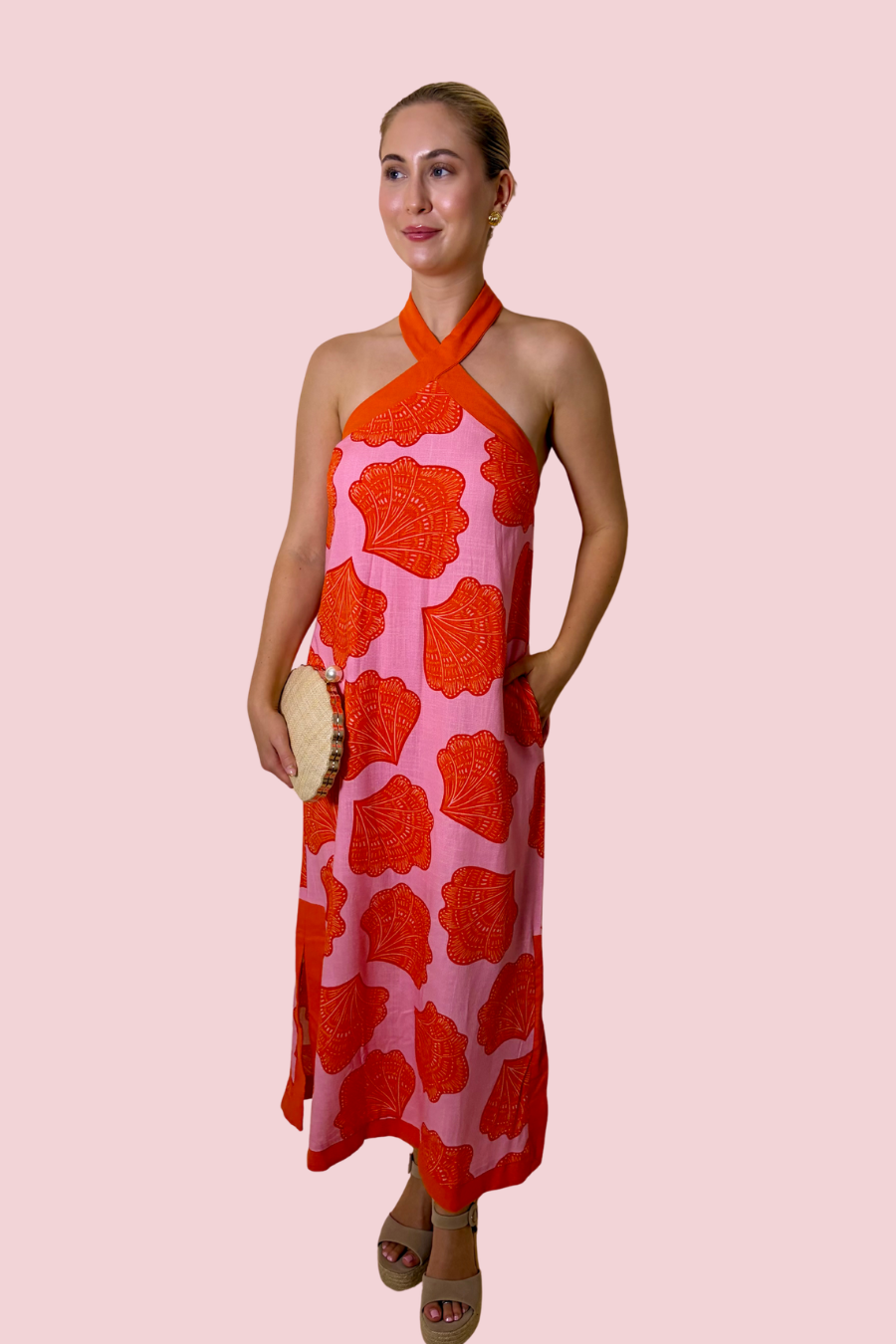 Sunset Sangria Pink and Orange Shell Print Halter Midi Dress