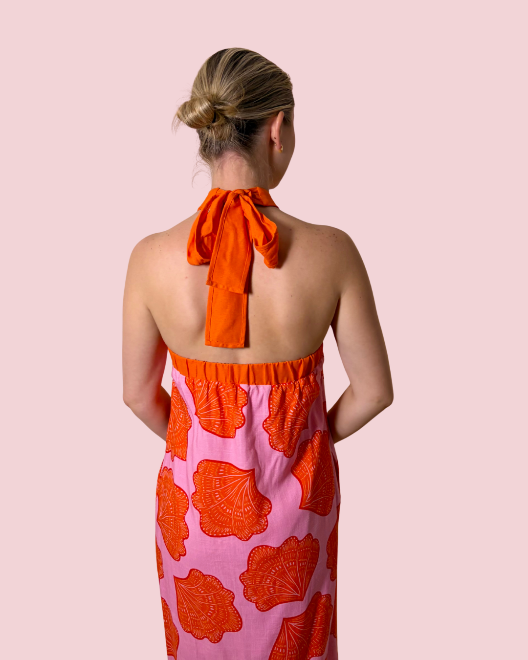 Sunset Sangria Pink and Orange Shell Print Halter Midi Dress