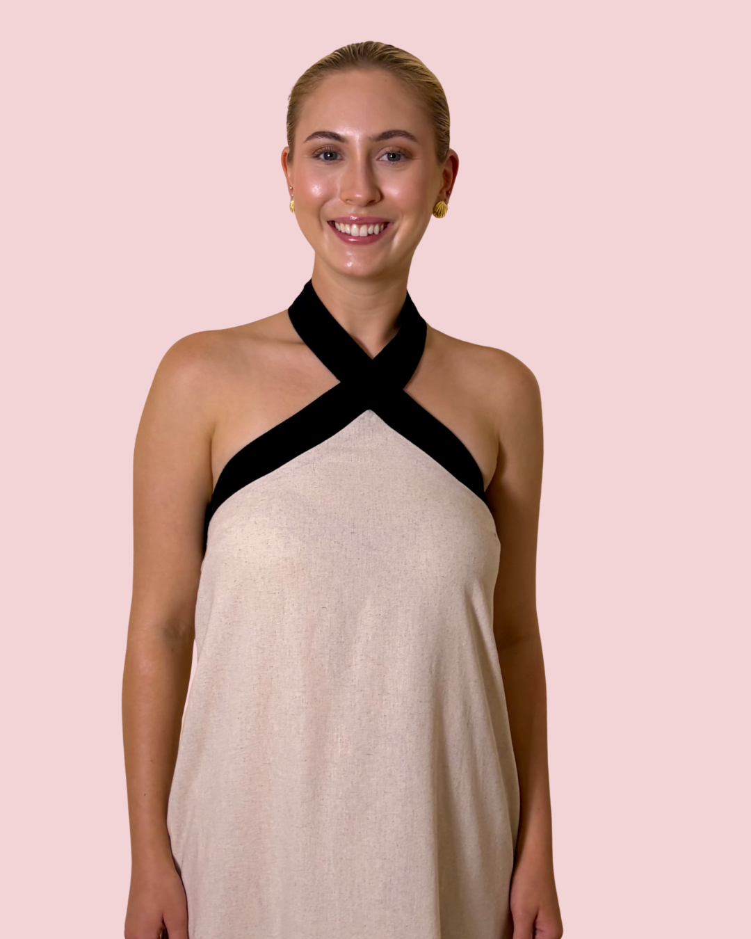 First Class Contrast Trim Halter Maxi Dress with Side Slits and Relaxed Fit