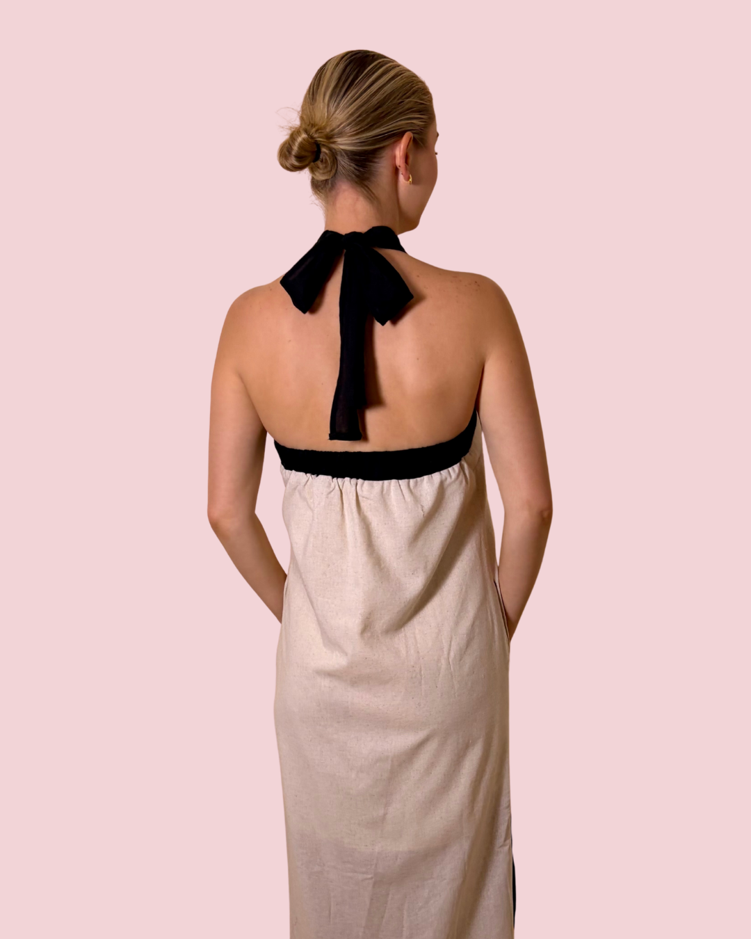First Class Contrast Trim Halter Maxi Dress with Side Slits and Relaxed Fit
