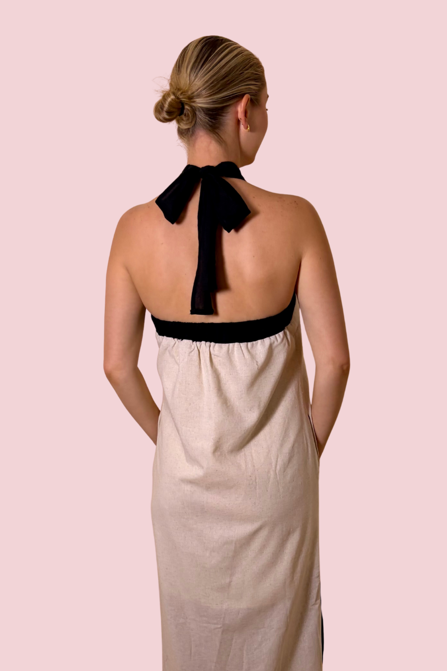 First Class Contrast Trim Halter Maxi Dress with Side Slits and Relaxed Fit