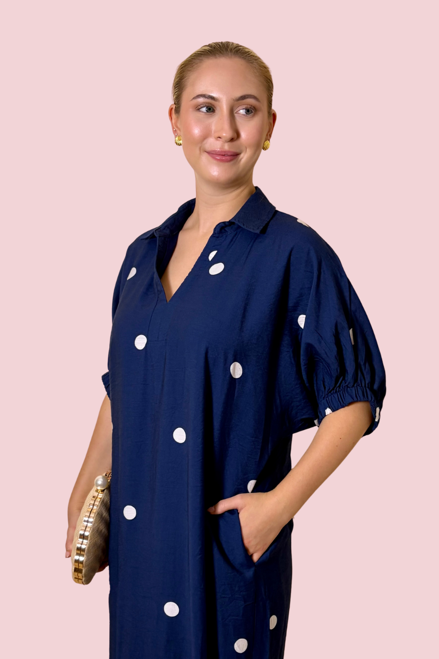 Nantucket Nights Polka Dot Maxi Shirt Dress with Collared Neckline and Pockets