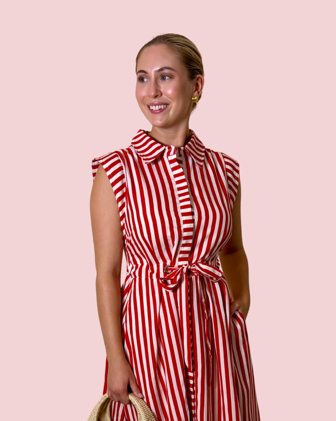 Baby You're a Firework Red and White Striped Midi Shirt Dress with Waist Tie