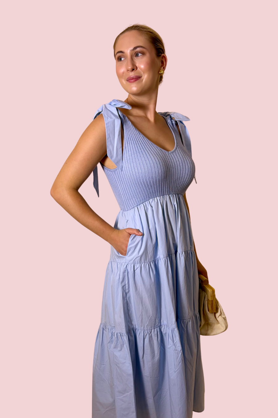 Blue Skies Light Blue Smocked Midi Dress with Tie Shoulder Straps