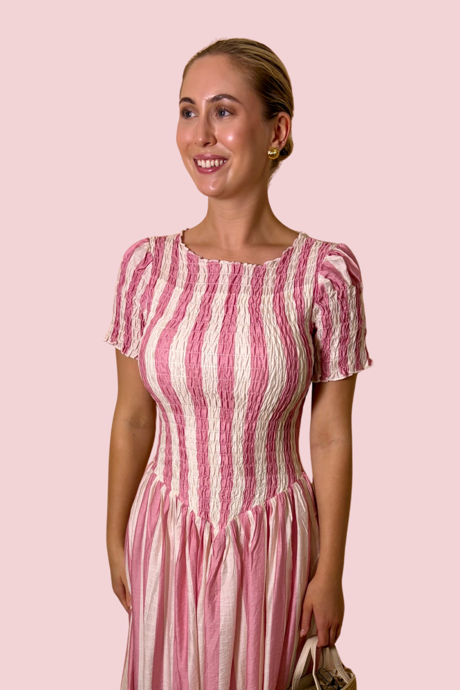 Soft Girl Summer Pink Stripe Smocked Midi Dress with Puff Sleeves