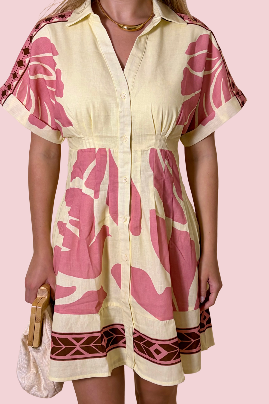 Meet Me Somewhere Warm Tropical Print Button Front Mini Dress with Short Sleeves