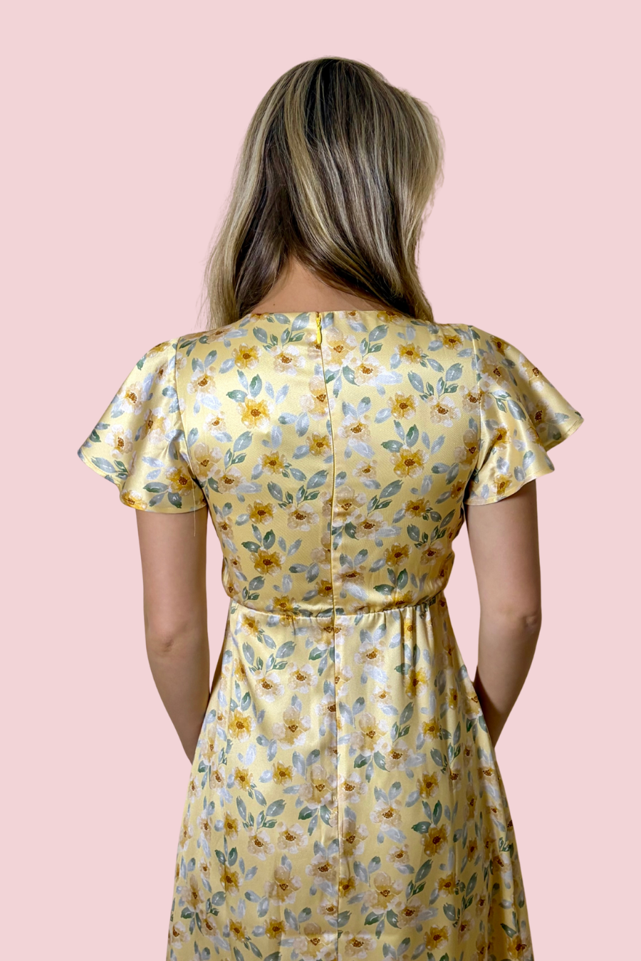 Summer Romance Yellow Floral Satin Midi Dress with Flutter Sleeves and Draped Waist