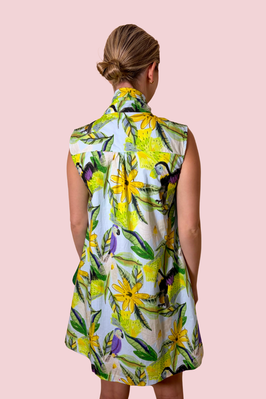 Paradise Found Tropical Print Swing Dress with Bow Neck Detail and Pockets