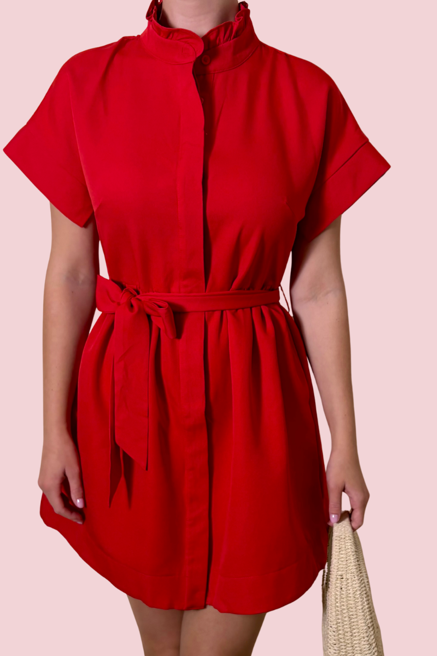 Got My Attention Red Tie Waist Shirt Dress with Stand Collar and Short Sleeves