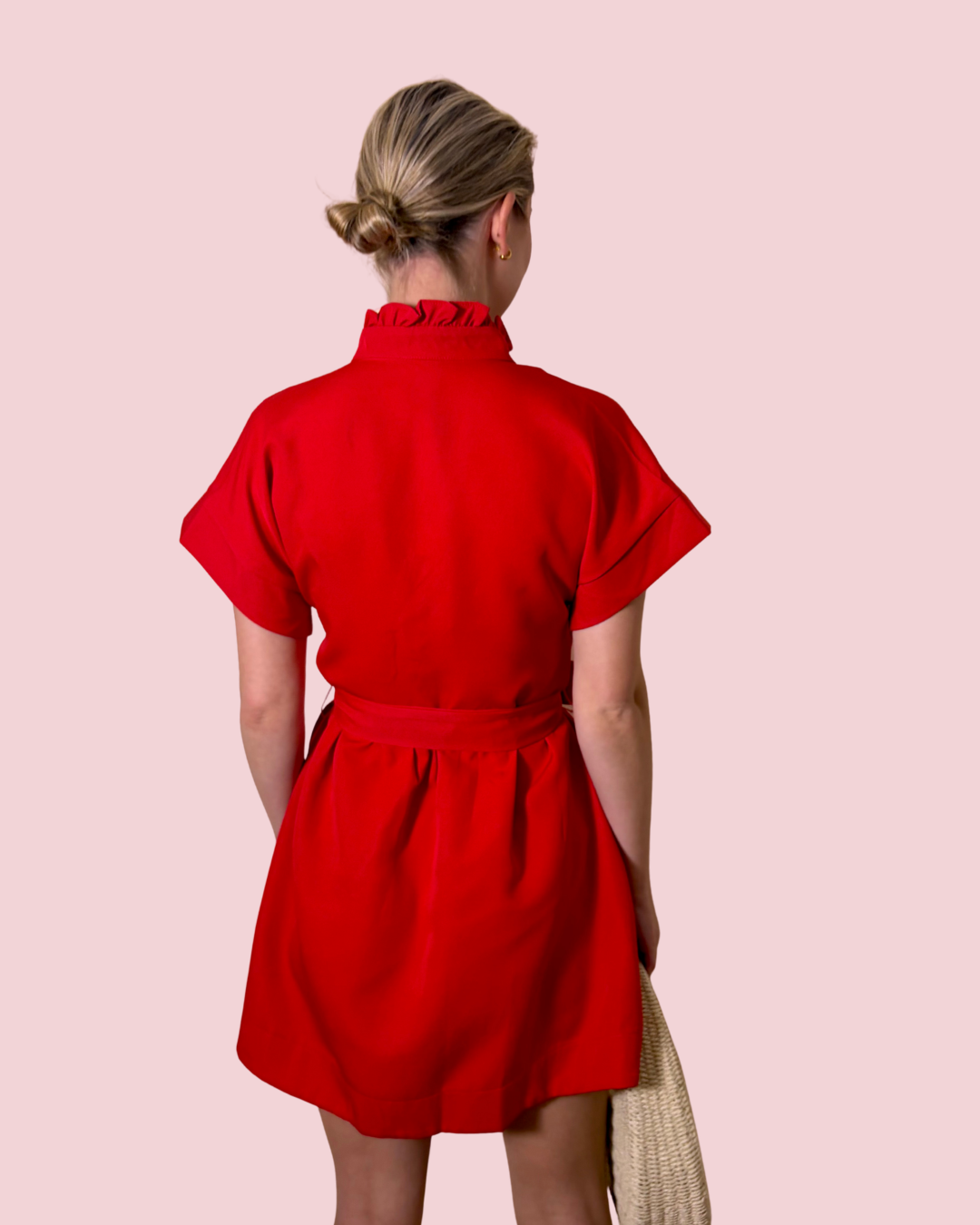 Got My Attention Red Tie Waist Shirt Dress with Stand Collar and Short Sleeves