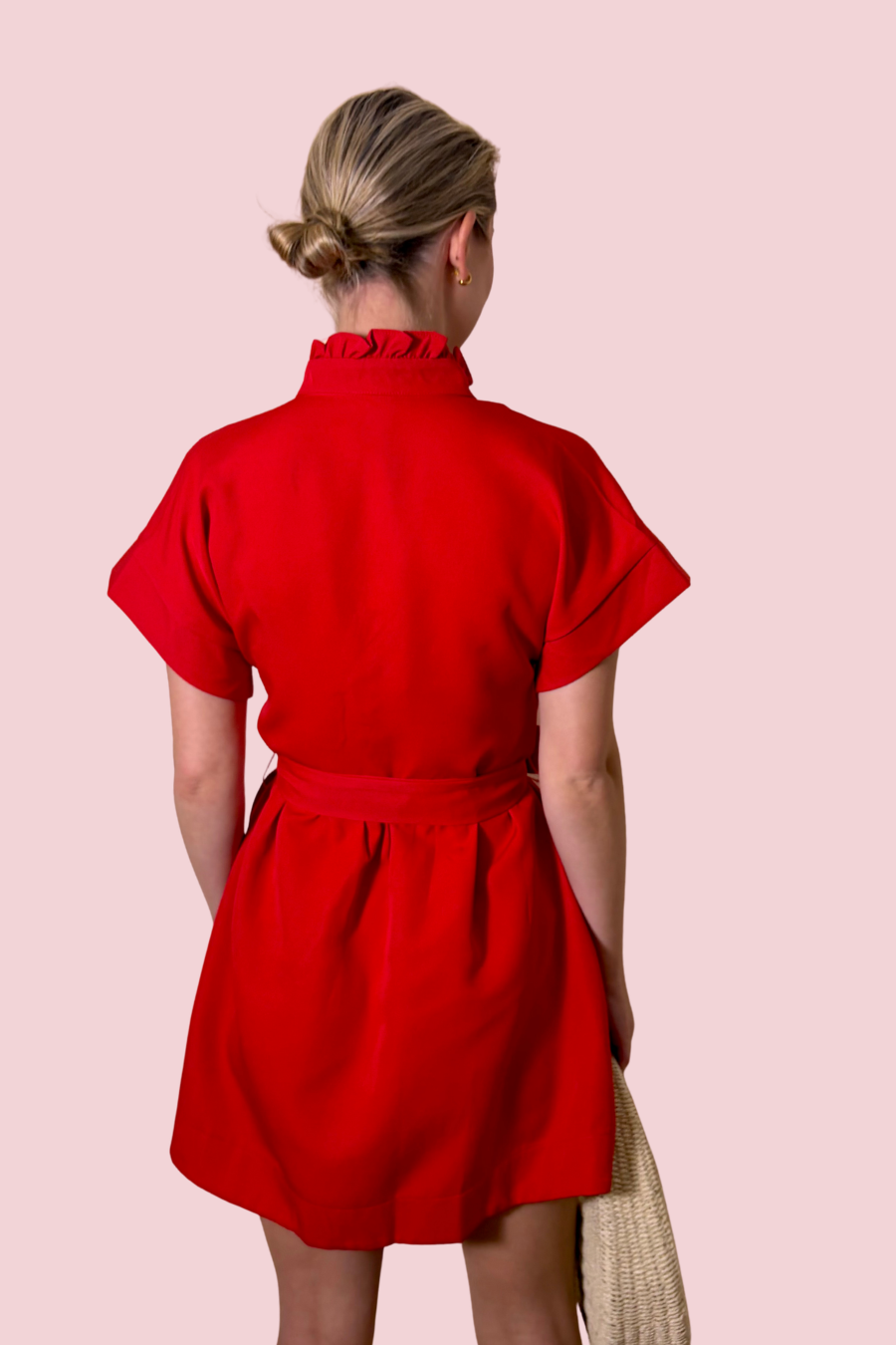Got My Attention Red Tie Waist Shirt Dress with Stand Collar and Short Sleeves