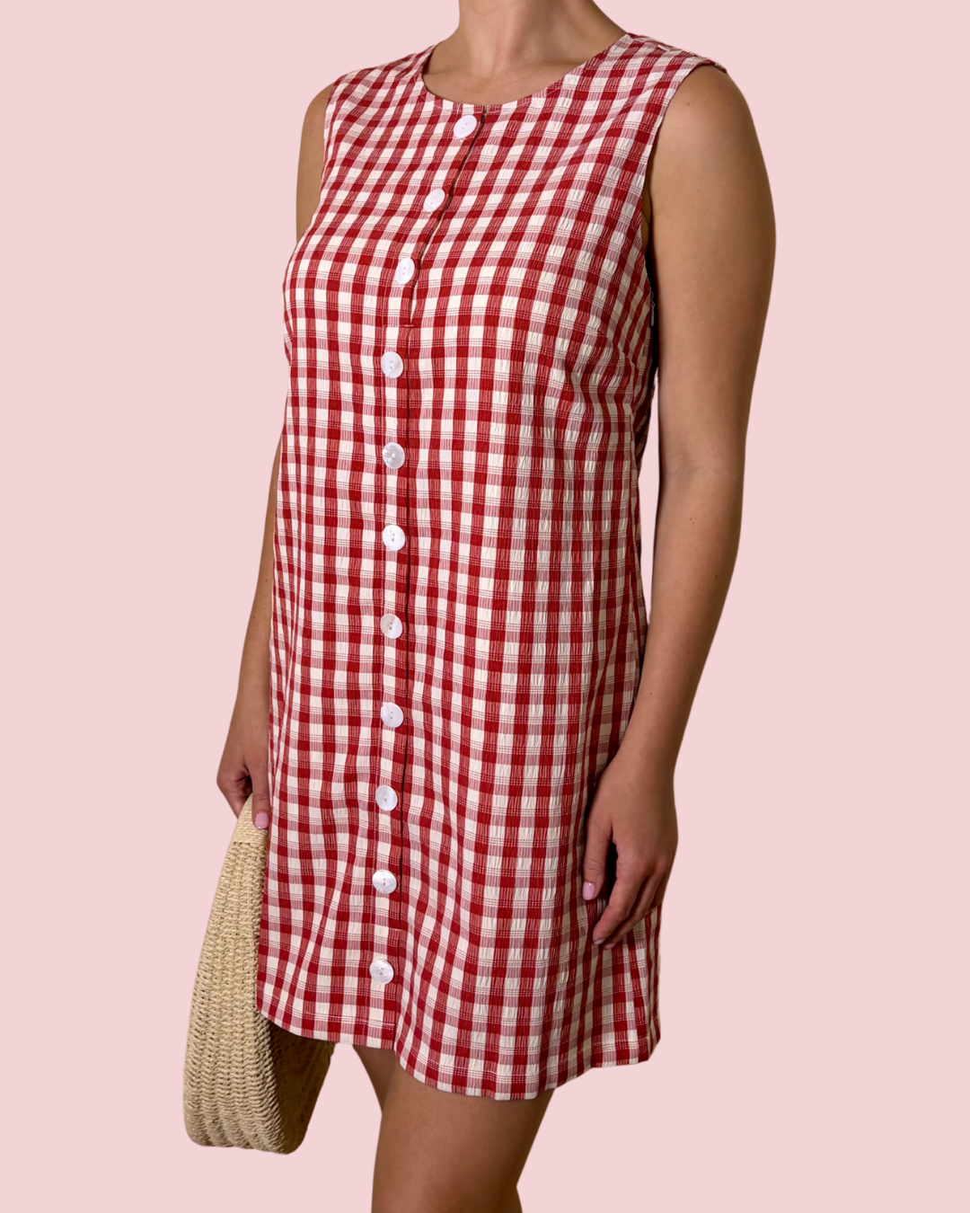 Cherry Picked Red Gingham Button Front Shift Dress with Sleeveless Silhouette