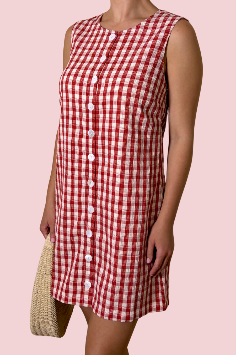 Cherry Picked Red Gingham Button Front Shift Dress with Sleeveless Silhouette