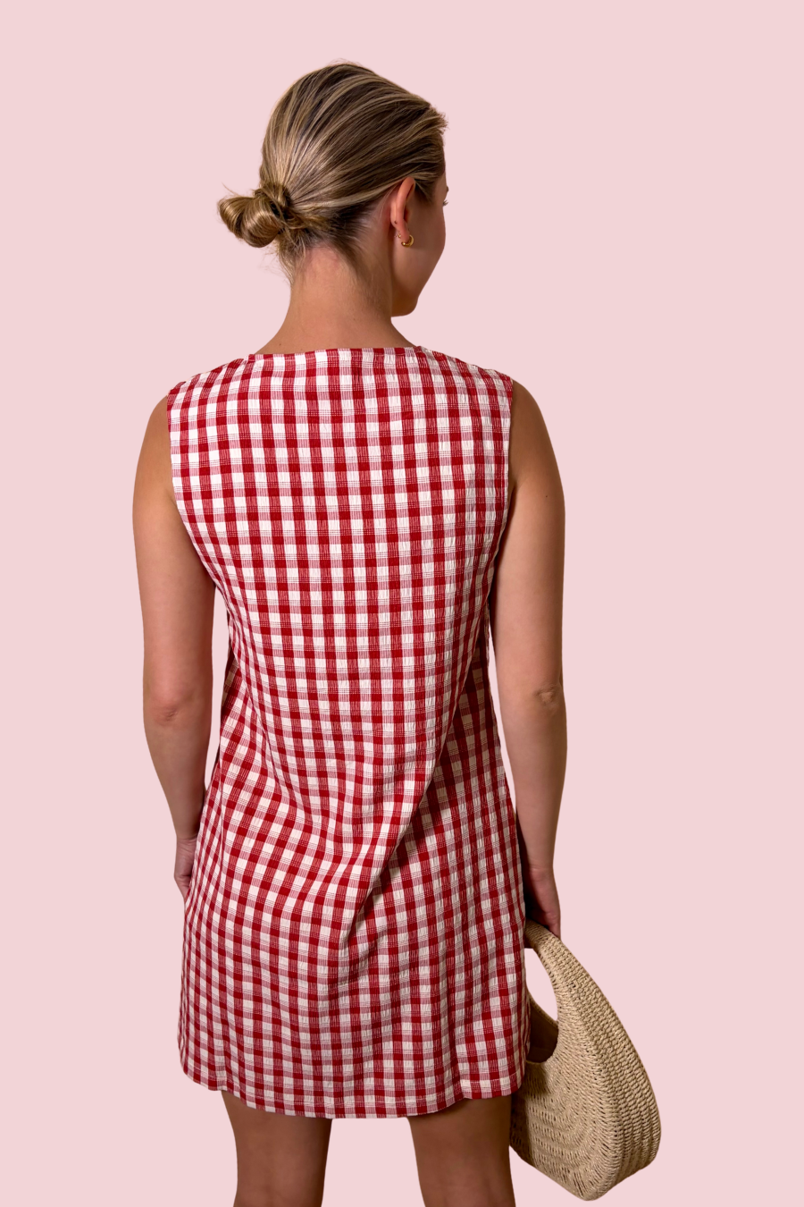 Cherry Picked Red Gingham Button Front Shift Dress with Sleeveless Silhouette