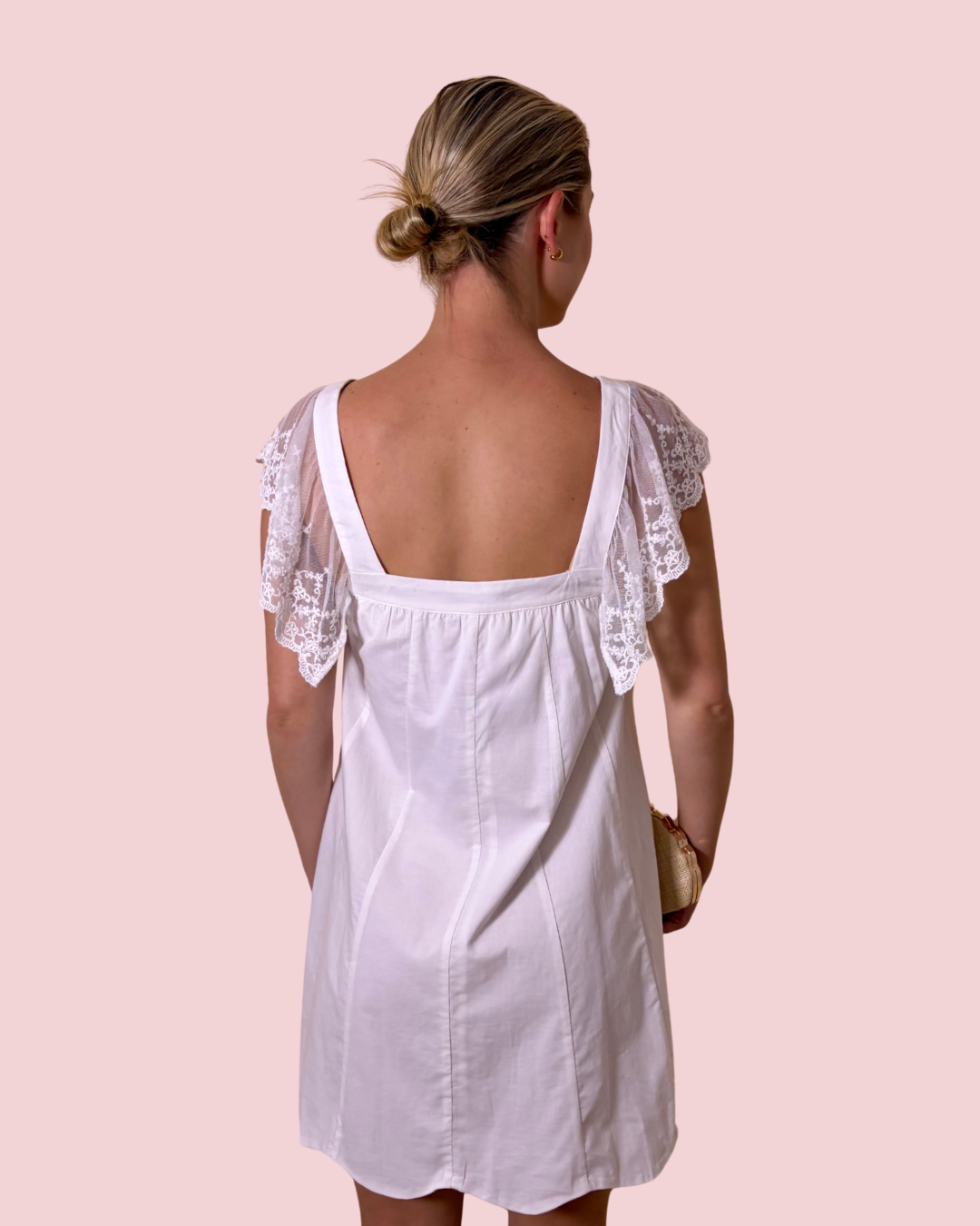 Ribbon & Lace White Lace Trim Mini Dress with Black Bow Detail and Flutter Sleeves