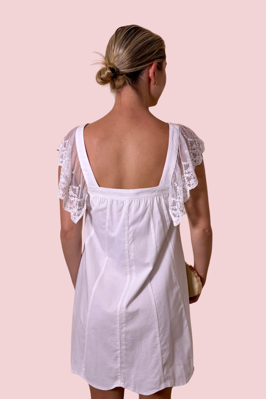 Ribbon & Lace White Lace Trim Mini Dress with Black Bow Detail and Flutter Sleeves