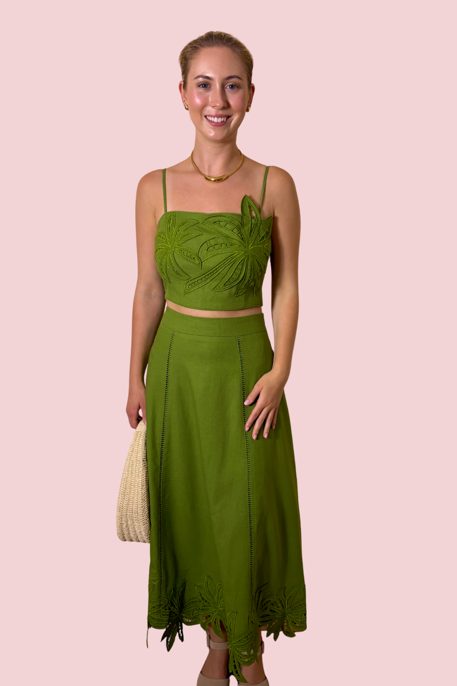 Olive Grove High Waisted Embroidered Midi Skirt with Botanical Hem Detail