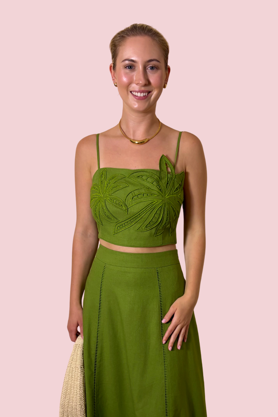 Olive Grove Botanical Print Crop Top with Spaghetti Straps and Embroidered Detail