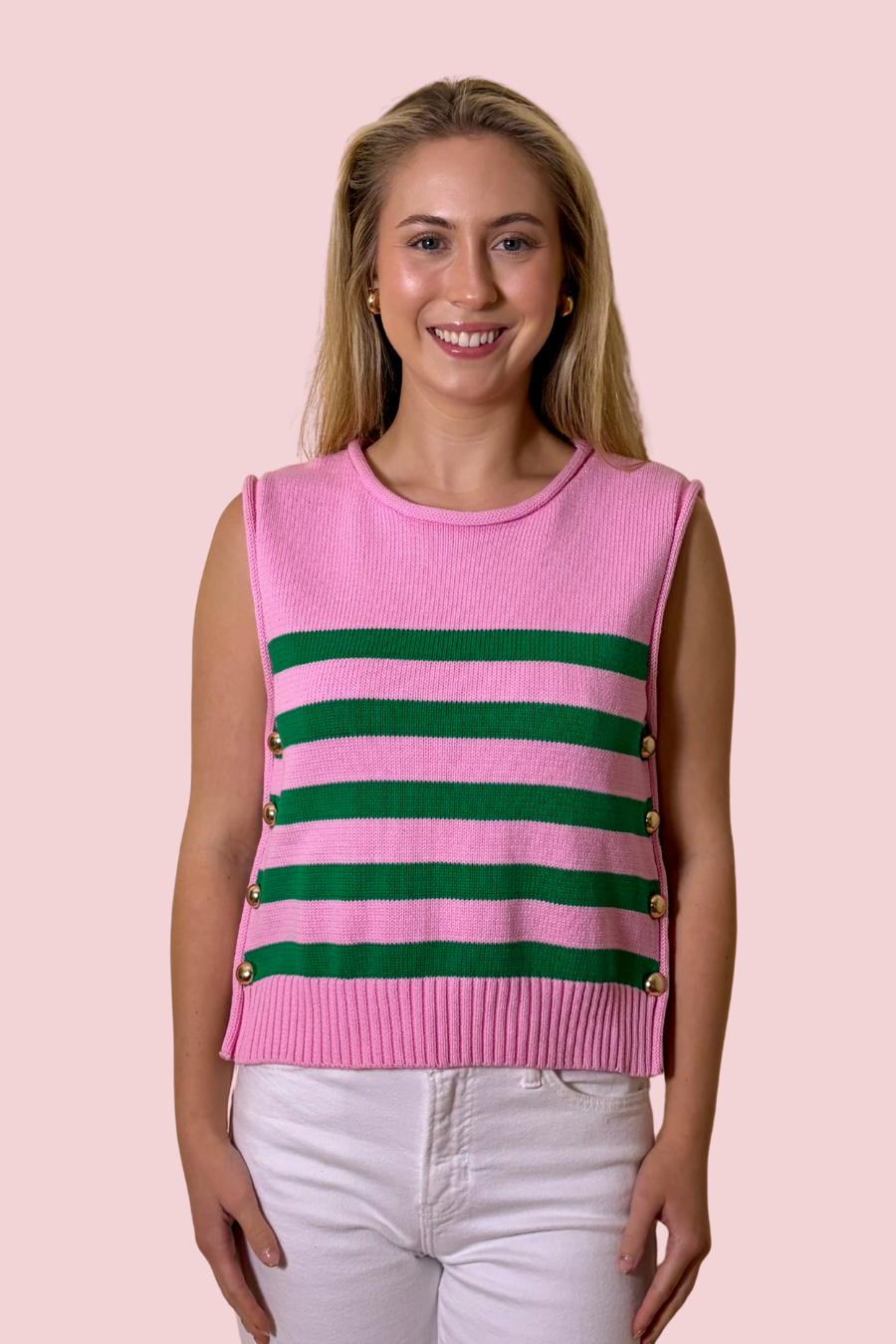 It All Lines Up Striped Sleeveless Knit Tank Top with Side Button Detail