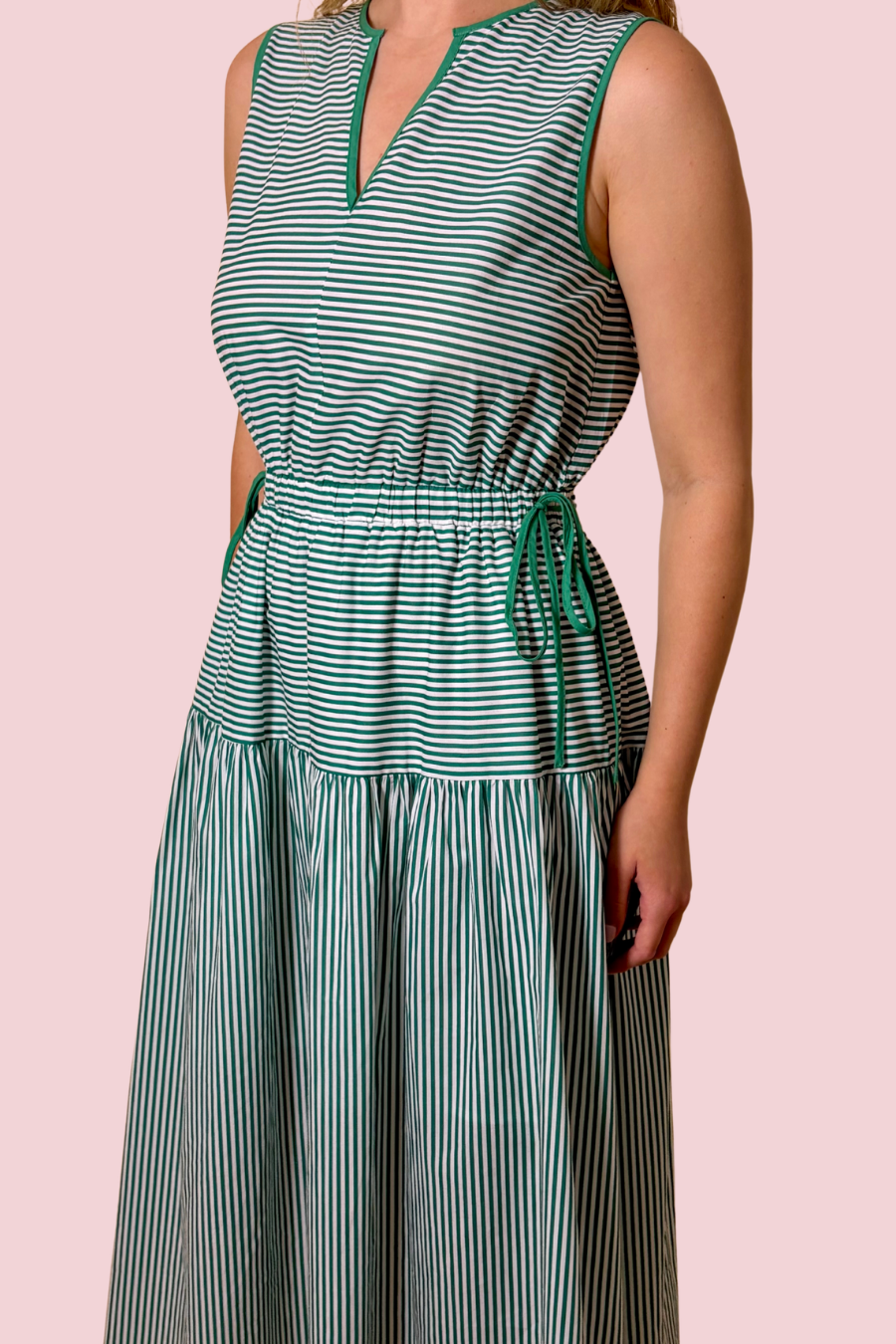 Fresh Start Green Striped Midi Dress with Sleeveless Design and Cinched Waist