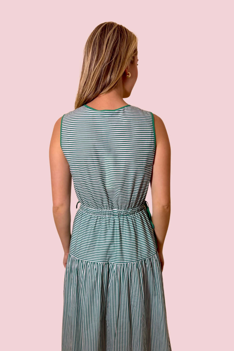 Fresh Start Green Striped Midi Dress with Sleeveless Design and Cinched Waist