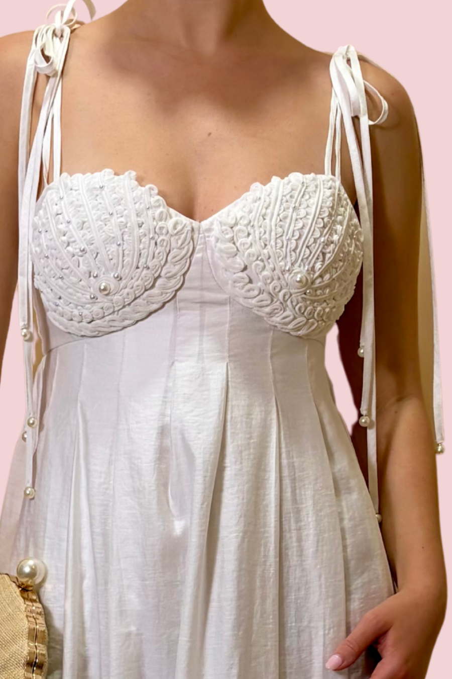 Wrapped in Pearls White Sweetheart Neckline Maxi Dress with Tie Straps and Flowy Skirt