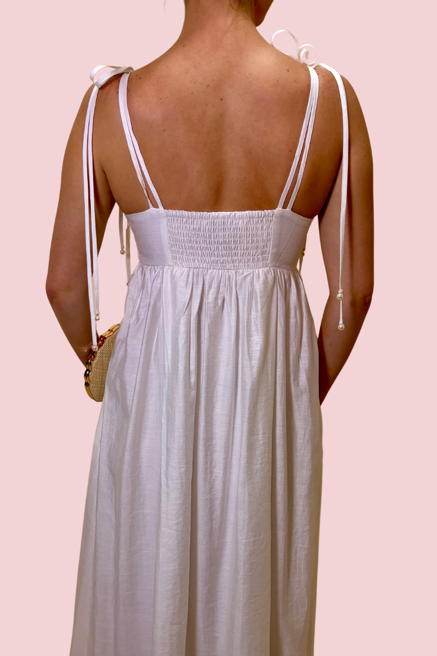 Wrapped in Pearls White Sweetheart Neckline Maxi Dress with Tie Straps and Flowy Skirt