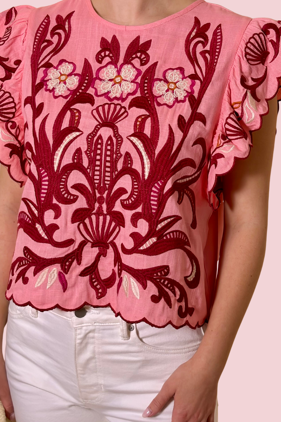 Love Language Floral Embroidered Crop Blouse in Red and White