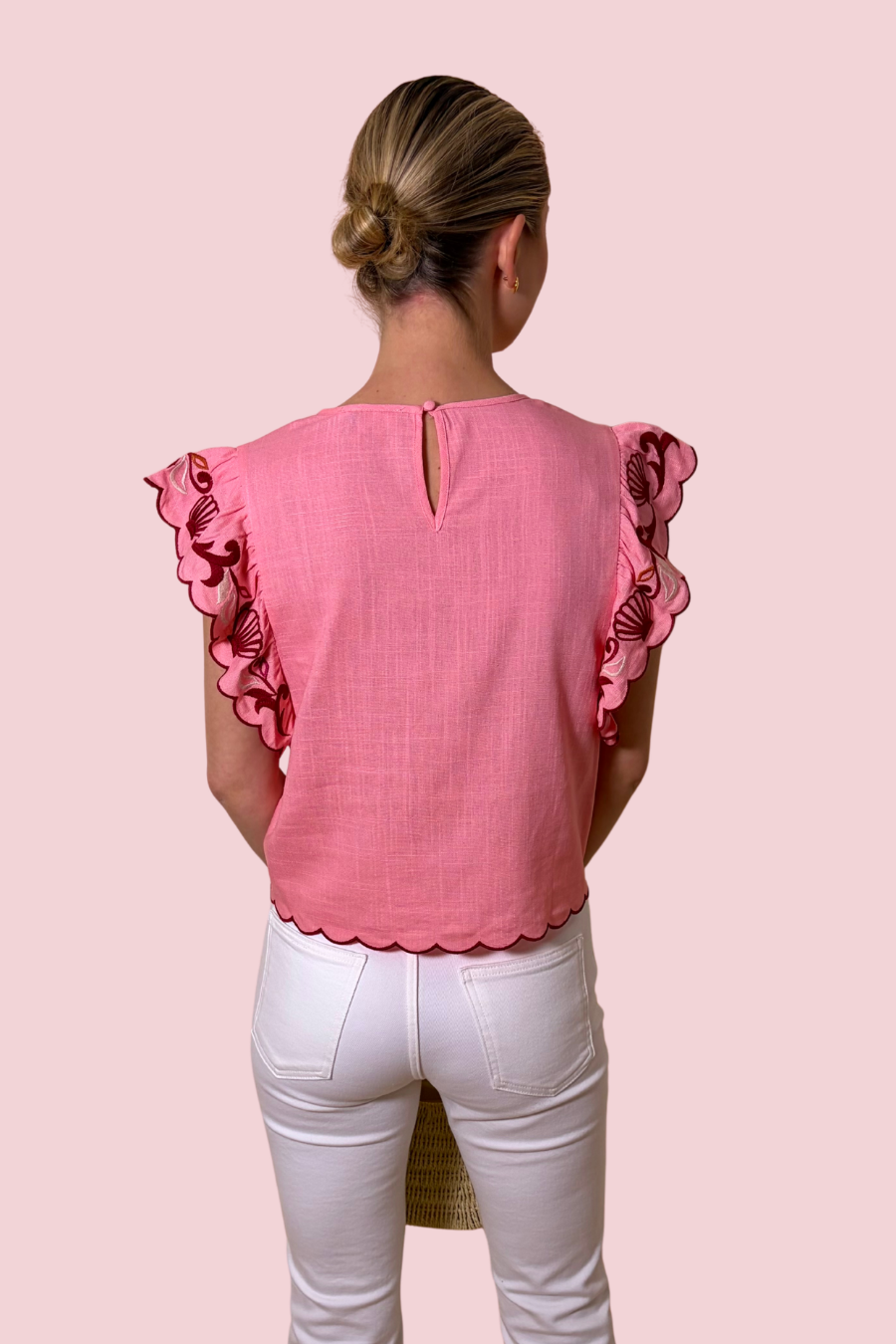 Love Language Floral Embroidered Crop Blouse in Red and White