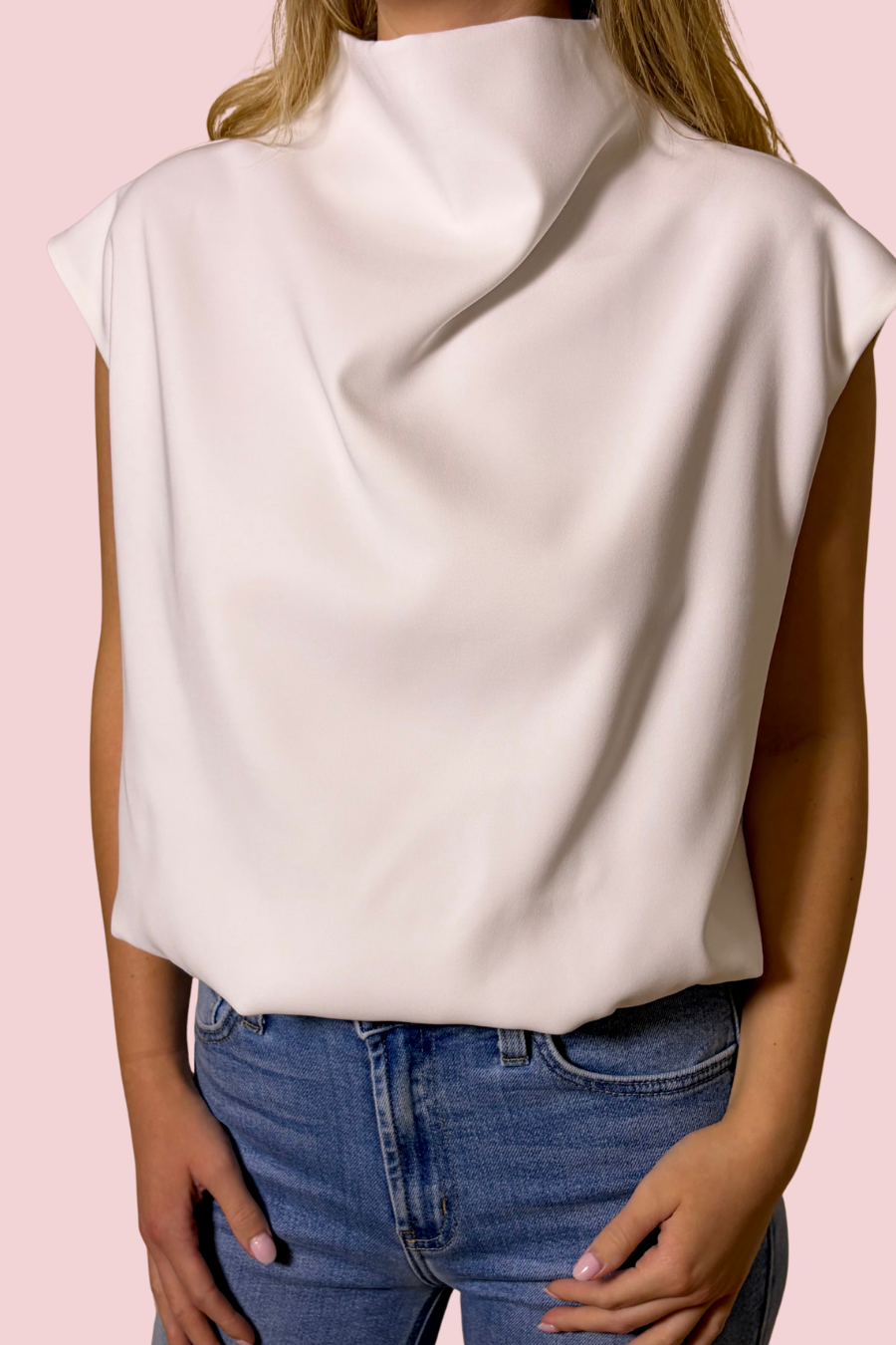 Modern Drape Sleeveless Mock Neck Top with Draped Fit and Lightweight Fabric