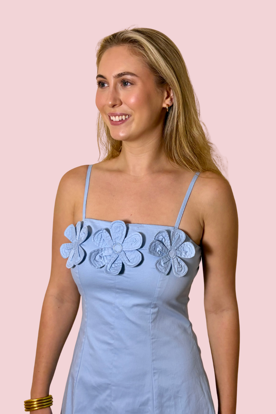 Bloom There, Done That Light Blue Floral Applique Mini Dress with Spaghetti Straps