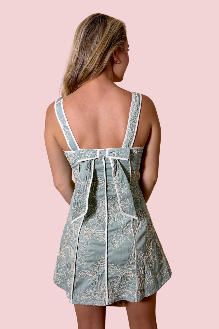 Sage Advice Green Fit and Flare Mini Dress with Floral Embroidery