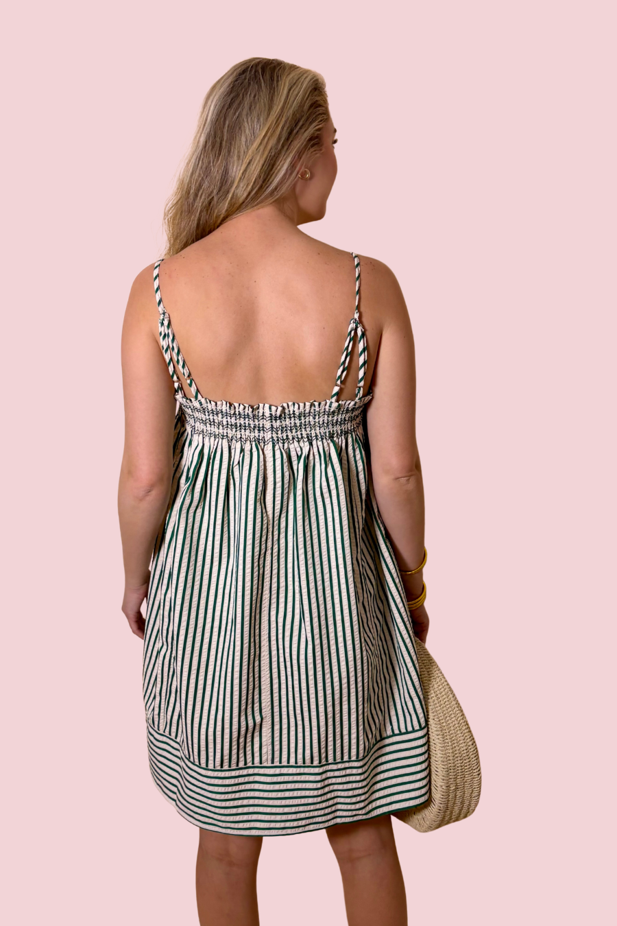 Salty Air Women’s Green Striped Smocked Mini Dress with Spaghetti Straps