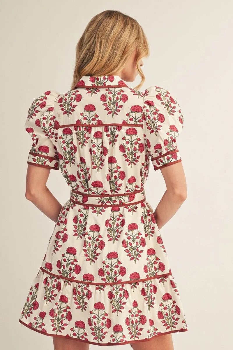 Petals & Promises Floral Print Collared Mini Dress with Puff Sleeves