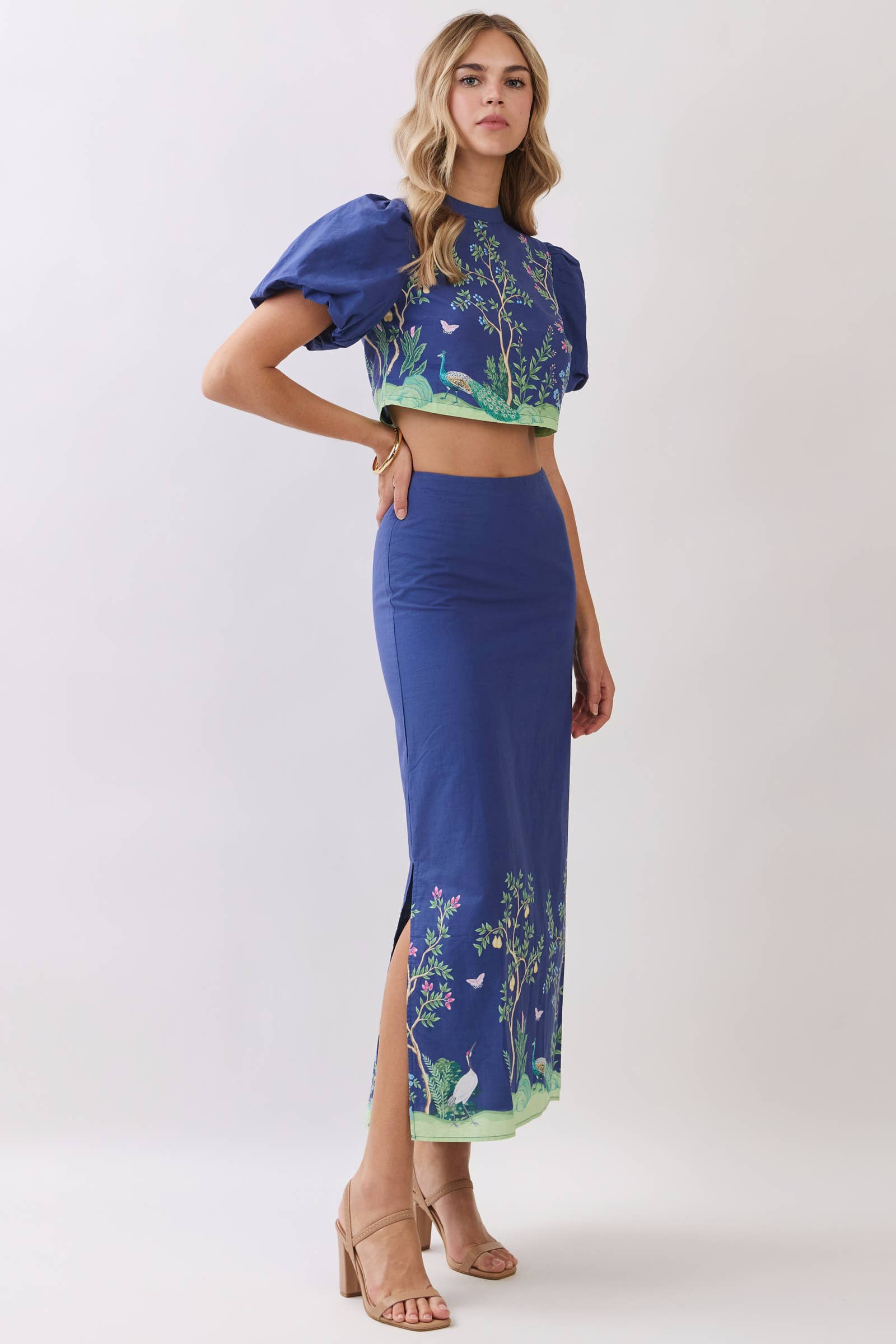 Vine and Vogue Blue Botanical Print Maxi Skirt
