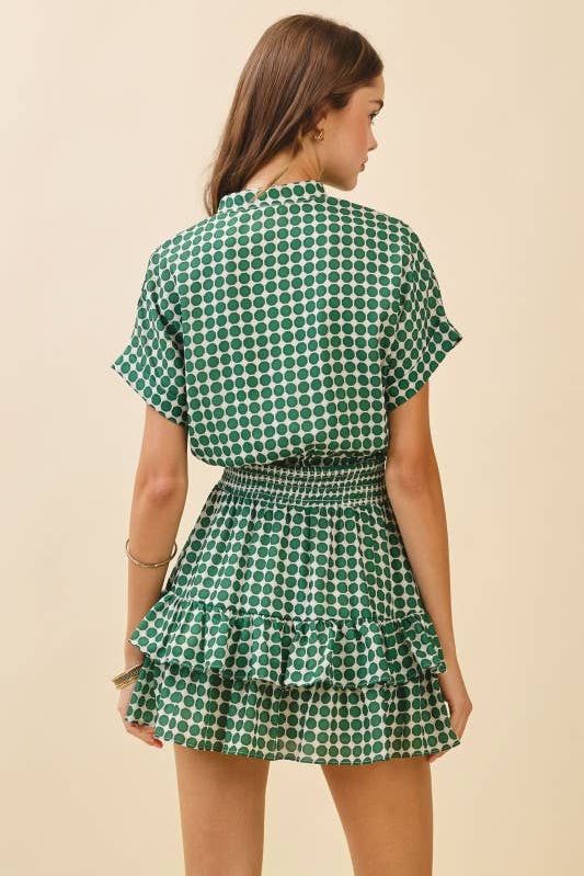 CD05991-Geometric Dot Print Short Cuffed Sleeves Dress