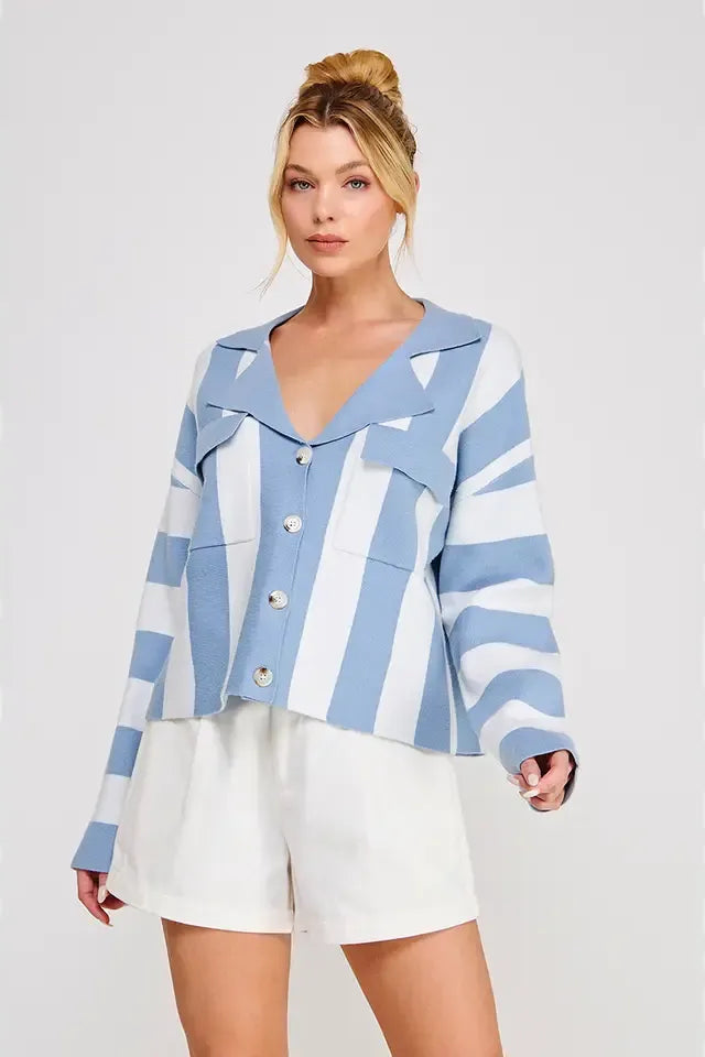 Cool Girl Blue and White Striped Button Front Collared Knit Cardigan Top