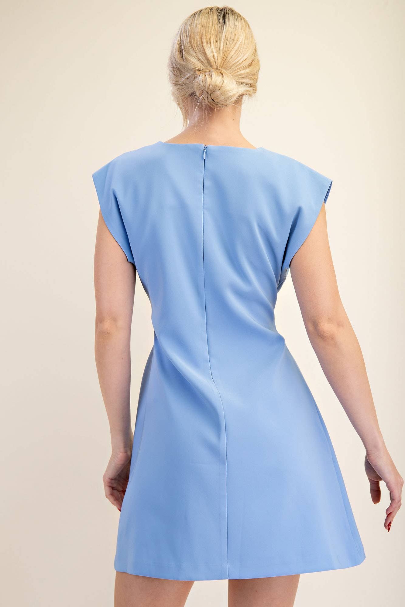 Round Neck Waist Pleated Mini Dress