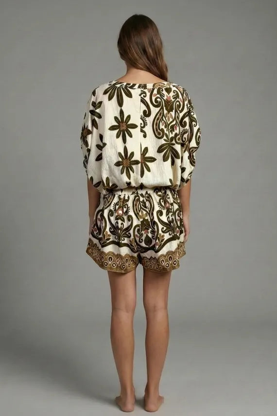 Golden Olive Cream Floral Print Top and Paisley Print Shorts Set
