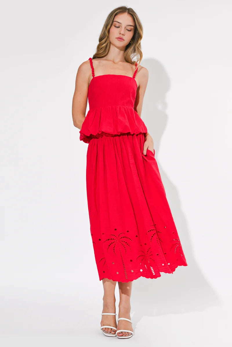 Eira Red Peplum Tank Top with Spaghetti Straps and Flowy Ruffle Hem