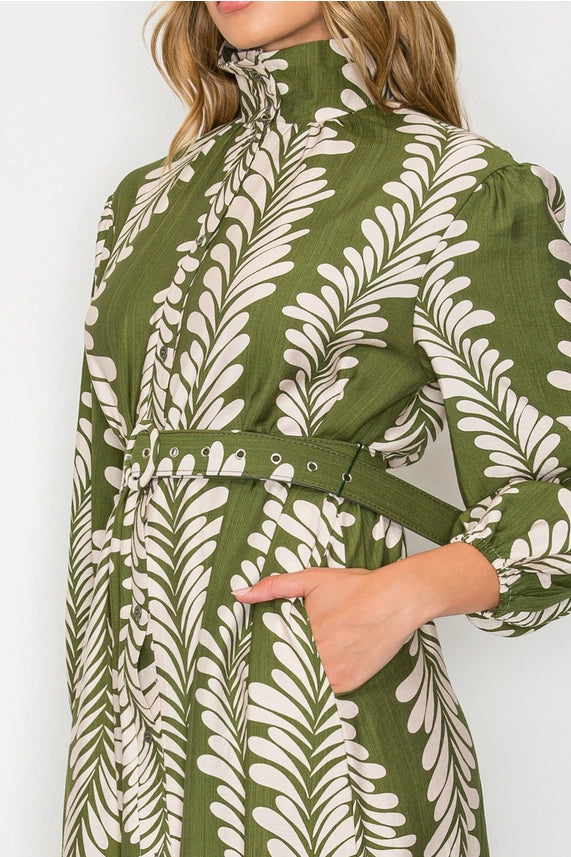 Leaf Your Mark Olive Green Leaf Print Mock Neck Belted Midi Dress