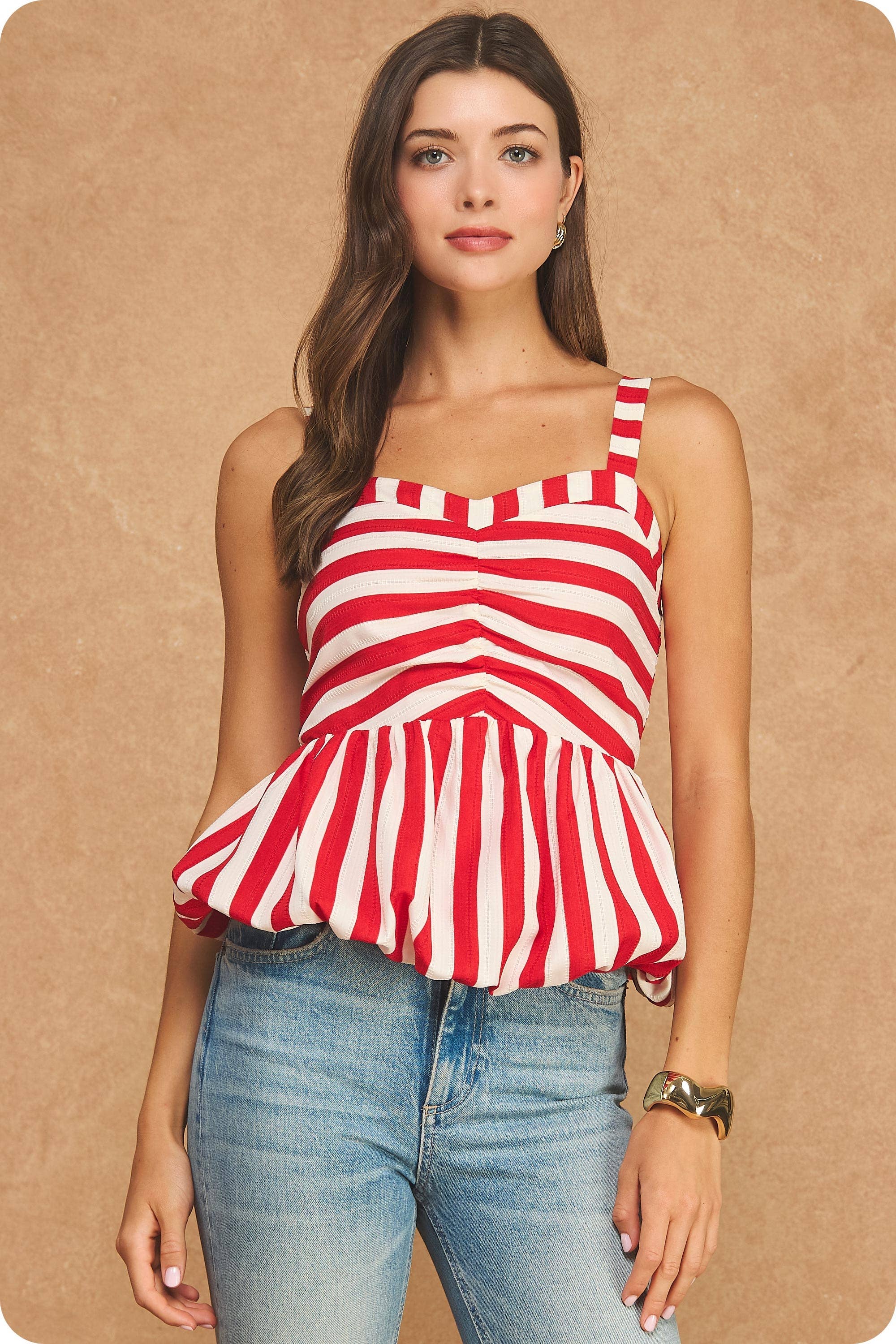 Stripe the Pose Striped Bubble Hem Sweetheart Neck Tank Top