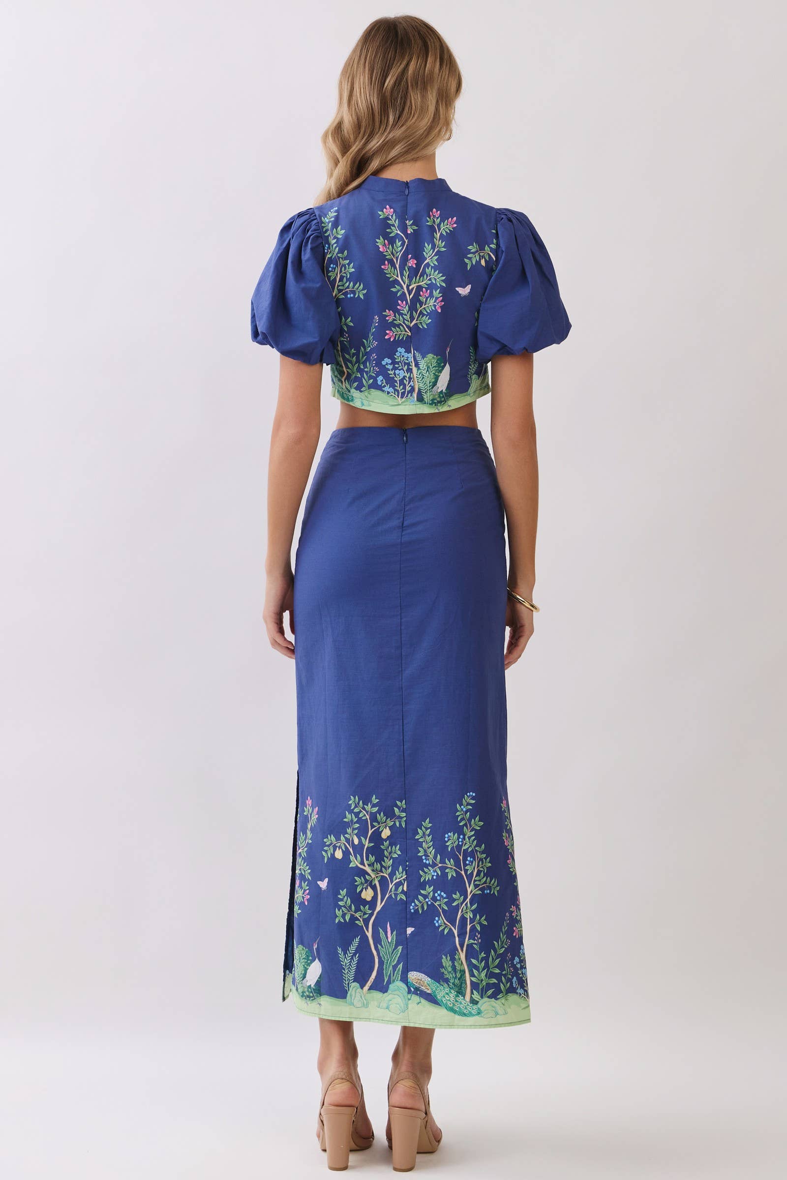 Vine and Vogue Blue Botanical Print Maxi Skirt