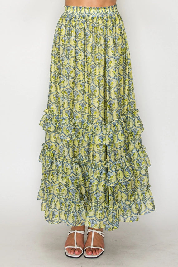 Adelaide Floral Print Tiered Ruffle Maxi Skirt with Elastic Waist
