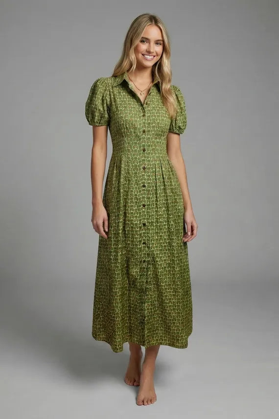 Sage & Sound Green Floral Print Button-Front Midi Shirtdress with Puff Sleeves