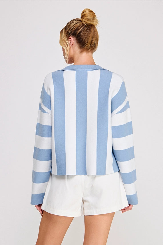 Cool Girl Blue and White Striped Button Front Collared Knit Cardigan Top