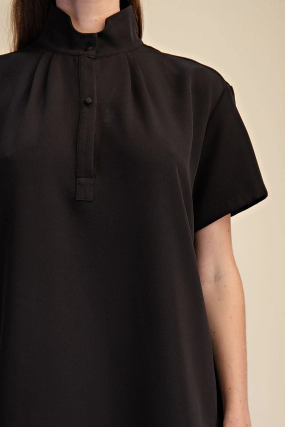 She's so Polished Black Shift Mini Dress with High Neck and Short Sleeves