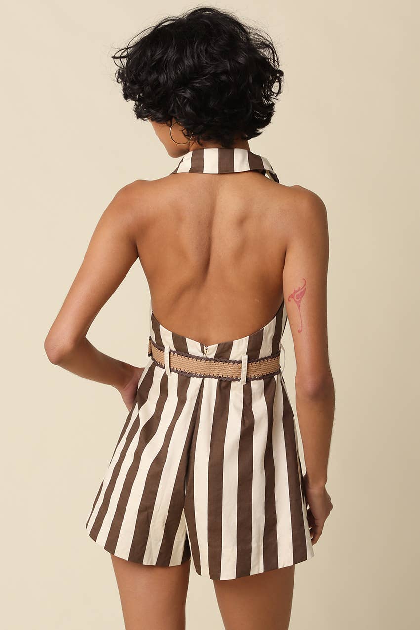 Vertical Vibes Striped Halter Collared Romper