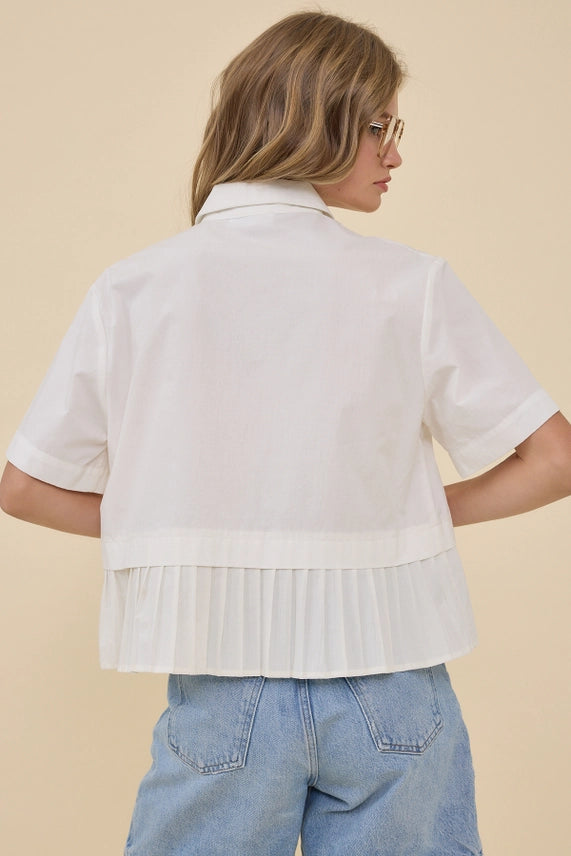 No Questions Asked White Button Front Peplum Top with Pleated Hem and Collared Neckline