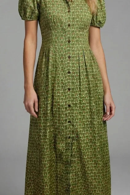 Sage & Sound Green Floral Print Button-Front Midi Shirtdress with Puff Sleeves